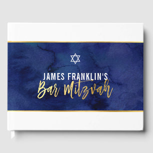 BAR MITZVAH modern blauw waterverf goud schrijven Gastenboek
