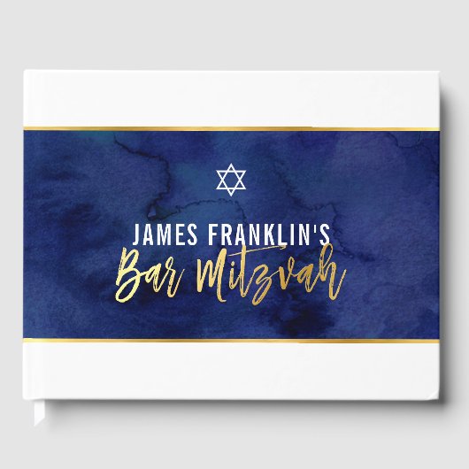 BAR MITZVAH modern blauw waterverf goud schrijven Gastenboek (Voorkant)