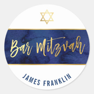 BAR MITZVAH modern blauw waterverf goud schrijven Ronde Sticker