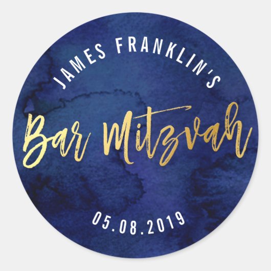 BAR MITZVAH modern blauw waterverf goud schrijven Ronde Sticker (Voorkant)