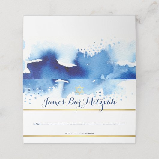 BAR MITZVAH modern blauw waterverf gouden folie st Plaatskaartje (Buitenkant ongevouwen)