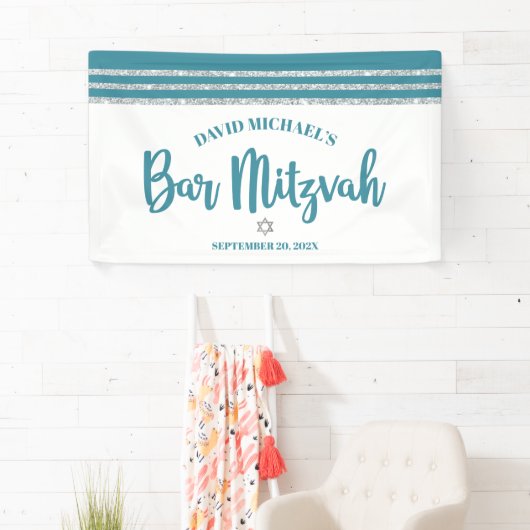 Bar Mitzvah Modern Blauwgroen Silver Tallit Bold S Spandoek (Insitu)