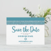 Bar Mitzvah Modern Blauwgroen, zilver Tallit Scrip Save The Date (Staand voorkant)
