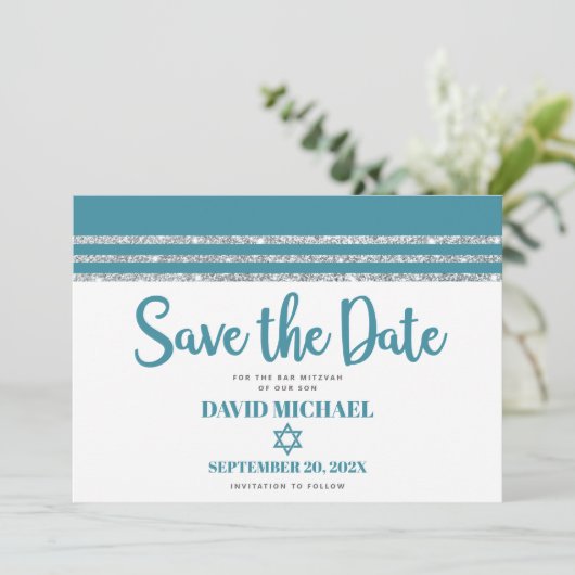 Bar Mitzvah Modern Blauwgroen, zilver Tallit Scrip Save The Date (Staand voorkant)