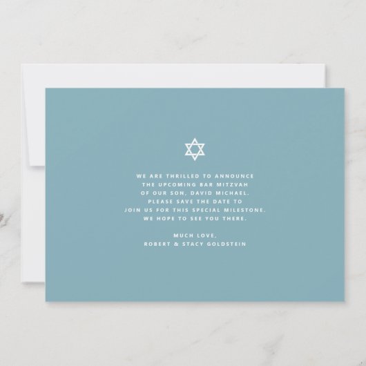 Bar Mitzvah Modern Blauwgroen, zilver Tallit Scrip Save The Date (Achterkant)
