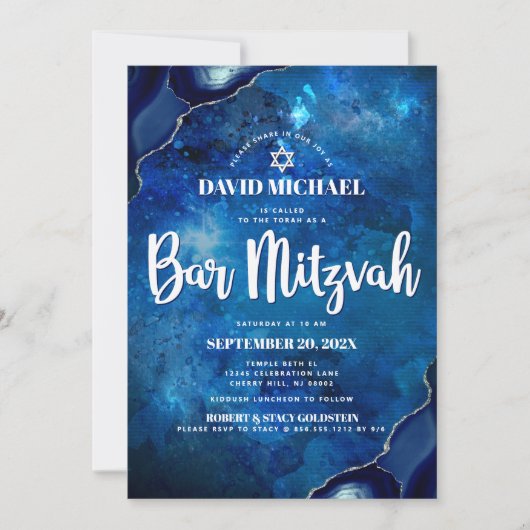 Bar Mitzvah Modern Blue Agate Waterverf Script Kaart (Voorkant)