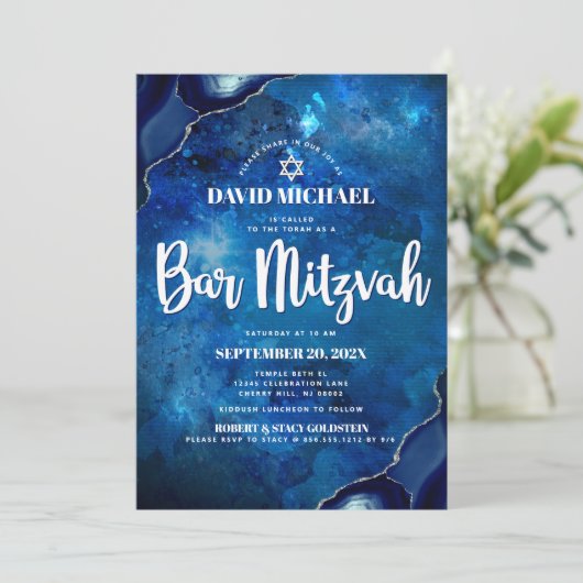 Bar Mitzvah Modern Blue Agate Waterverf Script Kaart (Staand voorkant)