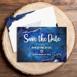 Bar Mitzvah Modern Blue Agate Waterverf Script Save The Date