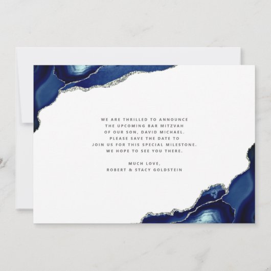 Bar Mitzvah Modern Blue Agate Waterverf Script Save The Date (Achterkant)