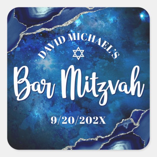 Bar Mitzvah Modern Blue Agate Waterverf Script Vierkante Sticker (Voorkant)