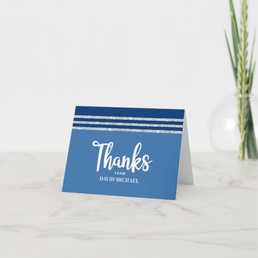 Bar Mitzvah Modern Blue Silver Tallit Bold Script Bedankkaart (Voorkant)