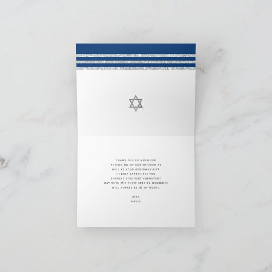 Bar Mitzvah Modern Blue Silver Tallit Bold Script Bedankkaart (Binnen)