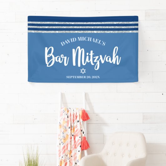 Bar Mitzvah Modern Blue Silver Tallit Bold Script Spandoek (Insitu)