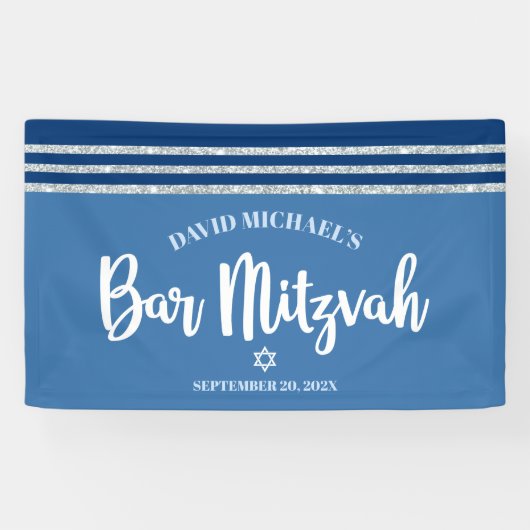Bar Mitzvah Modern Blue Silver Tallit Bold Script Spandoek (Horizontaal)