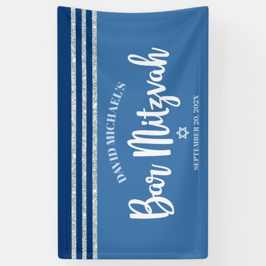 Bar Mitzvah Modern Blue Silver Tallit Bold Script Spandoek (Verticaal)