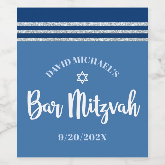 Bar Mitzvah Modern Blue Silver Tallit Bold Script Wijn Etiket (Enkel label)