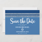 Bar Mitzvah Modern Bold Blue Silver Tallit Script Save The Date (Voorkant)