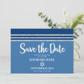 Bar Mitzvah Modern Bold Blue Silver Tallit Script Save The Date (Staand voorkant)