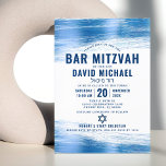 Bar Mitzvah Modern Bold Navy Typografie Blue Folie Kaart<br><div class="desc">Wees trots, blij en toon deze mijlpaal van je favoriete Bar Mitzvah! Verstuur deze coole, unieke, moderne, gepersonaliseerde uitnodiging voor een evenement om het te herinneren. Metallic lichtblauwe penseelstreken, samen met een vette, marinesblauwe typografie en ster van David, bedekken een eenvoudige, witte achtergrond. Personaliseer de douanetekst met de naam van...</div>