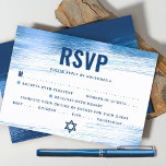 Bar Mitzvah Modern Bold Navy Typografie Blue Folie RSVP Kaartje<br><div class="desc">Wees trots, verheug je en vier deze mijlpaal van je favoriete Bar Mitzvah met deze coole, unieke, moderne, gepersonaliseerde RSVP-insteekkaart voor je evenement! Metallic lichtblauwe folie penseelstreken, samen met vette, marineblauwe typografie en Star of David, bedekken een eenvoudige, witte achtergrond. Personaliseer de aangepaste tekst met de "antwoorddatum" en opties voor...</div>