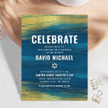 Bar Mitzvah Modern Bold Type Gold Foil Turquoise Informatiekaartje<br><div class="desc">Wees trots, blij en toon deze mijlpaal van je favoriete Bar Mitzvah! Omvat dit koele, unieke, moderne, gepersonaliseerde tussenvoegsel voor extra informatie aan uw gebeurtenis. Metallic gouden folieslijpstrepen en Star van David, samen met vettige witte typografie, bedekken een rijke, turkooisblauwe ombre verfachtergrond. Pas de douanetekst met de naam, de datum,...</div>