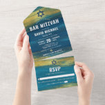 Bar Mitzvah Modern Bold Type Turquoise Gold Foil All In One Uitnodiging<br><div class="desc">Wees trots, blij en toon deze mijlpaal van je favoriete Bar Mitzvah! Verzend uit deze koele, unieke, moderne, douane alle-in-één uitnodiging voor een gebeurtenis om te herinneren. Metallic gouden folie penseelstreken en marinesblauwe sterren van David samen met vettige witte typografie, bedekken een rijke, turkooisblauwe ombre verfachtergrond. Dit all-in-one product is...</div>