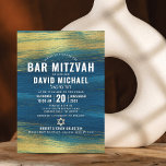 Bar Mitzvah Modern Bold Type Turquoise Gold Foil Kaart<br><div class="desc">Wees trots, blij en toon deze mijlpaal van je favoriete Bar Mitzvah! Verstuur deze coole, unieke, moderne, gepersonaliseerde uitnodiging voor een evenement om het te herinneren. Metallic gouden folieslijpstrepen en Star van David, samen met vettige witte typografie, bedekken een rijke, turkooisblauwe ombre verfachtergrond. Personaliseer de douanetekst met de naam van...</div>
