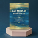 Bar Mitzvah Modern Bold Type Turquoise Real Gold Folie Uitnodiging<br><div class="desc">Wees trots, blij en toon deze mijlpaal van je favoriete Bar Mitzvah! Verstuur deze coole, unieke, moderne, gepersonaliseerde uitnodiging voor een evenement om het te herinneren. Vette, echte gouden folie typografie en ster van David overlay faux metallic goudborstelslagen en een rijke, turkooisblauwe ombre verfachtergrond. Personaliseer de douanetekst met de naam...</div>