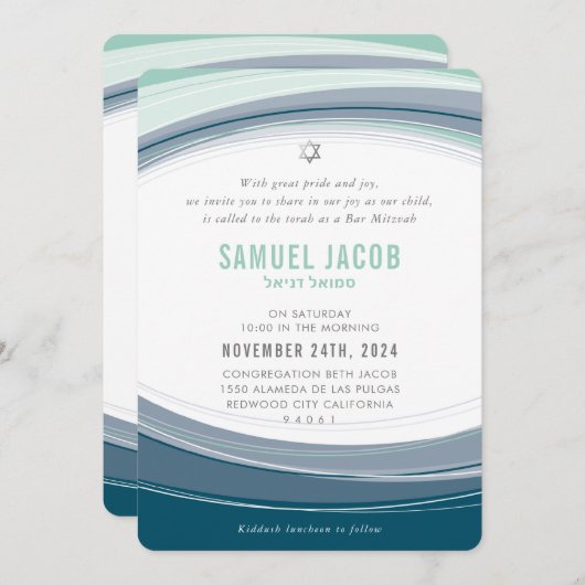 BAR MITZVAH modern curve ontwerp mint blauw grijs Kaart (Voorkant / Achterkant)