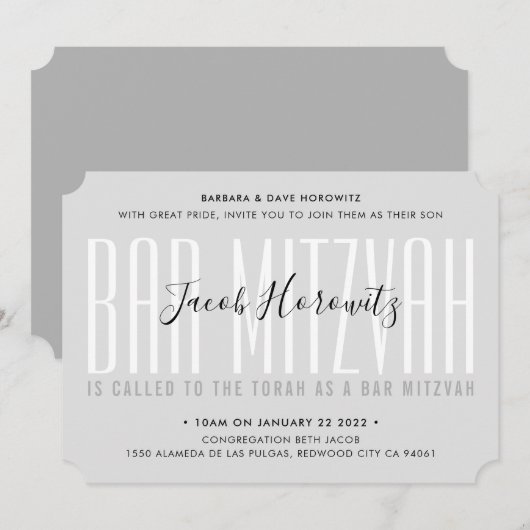 BAR MITZVAH modern deklaagtypografie jongetje grij Kaart (Voorkant / Achterkant)