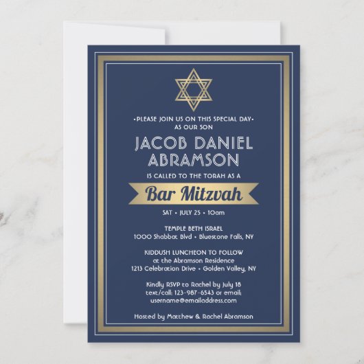 Bar Mitzvah Modern Elegant Marine Blauw Wit & Goud Kaart (Voorkant)