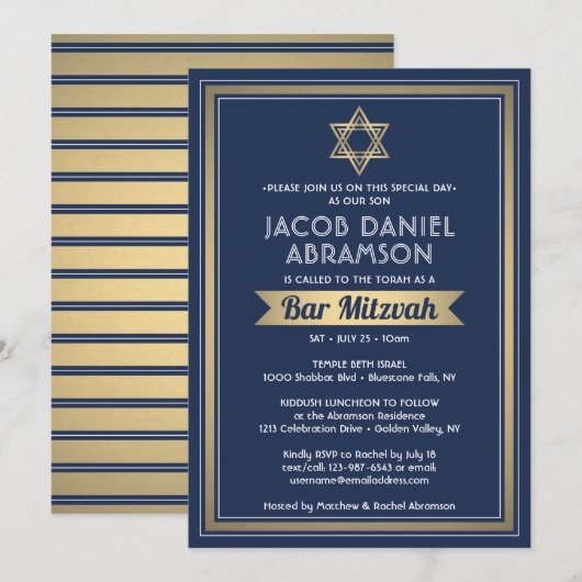 Bar Mitzvah Modern Elegant Marine Blauw Wit & Goud Kaart (Voorkant / Achterkant)