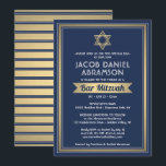 Bar Mitzvah Modern Elegant Marine Blauw Wit & Goud Kaart<br><div class="desc">Nodig familie en vrienden uit voor een elegante bar mitswa ceremonie en feest voor hem met deze marineblauwe, witte en faux gouden folie uitnodiging. Alle tekst is eenvoudig aan te passen, zodat het elke formulering met betrekking tot de service, Torah-lezing en partij kan bevatten. Design heeft een gouden metallic look...</div>