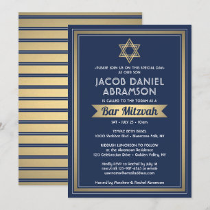 Bar Mitzvah Modern Elegant Marine Blauw Wit & Goud Kaart