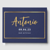 BAR MITZVAH modern faux gold name kalligraphy navy Gastenboek (Voorkant)