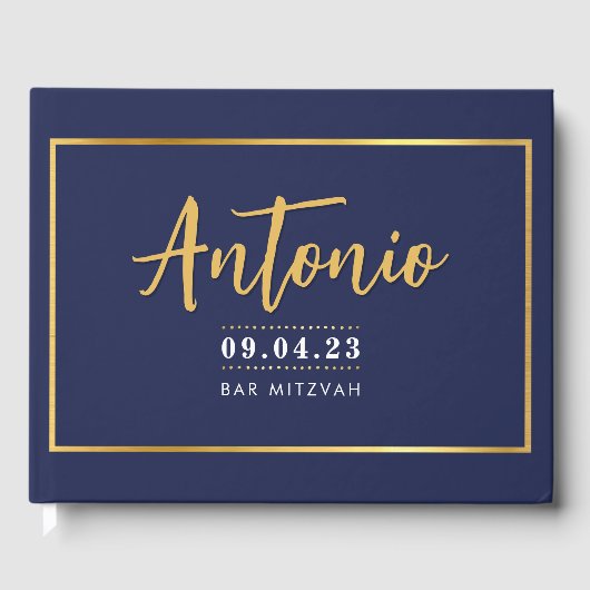 BAR MITZVAH modern faux gold name kalligraphy navy Gastenboek (Voorkant)