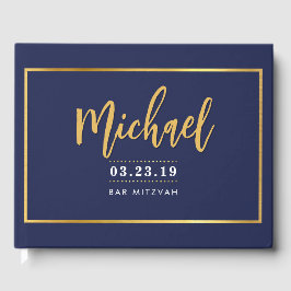 BAR MITZVAH modern faux gold name kalligraphy navy Gastenboek