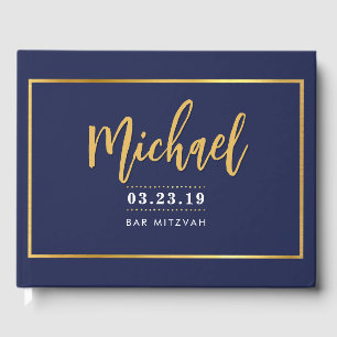 BAR MITZVAH modern faux gold name kalligraphy navy Gastenboek