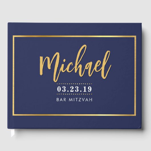 BAR MITZVAH modern faux gold name kalligraphy navy Gastenboek (Voorkant)