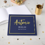 BAR MITZVAH modern faux gold name kalligraphy navy Gastenboek<br><div class="desc">door kat massard >> WWW.SIMPLYSWEETPAPERIE.COM <<< meer overeenkomende objecten in voorraad</div>