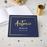 BAR MITZVAH modern faux gold name kalligraphy navy Gastenboek<br><div class="desc">door kat massard >> WWW.SIMPLYSWEETPAPERIE.COM <<< meer overeenkomende objecten in voorraad</div>