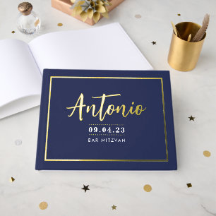 BAR MITZVAH modern faux gold name kalligraphy navy Gastenboek
