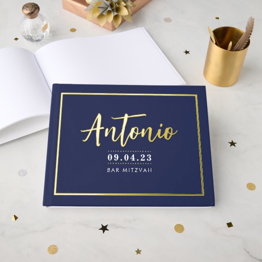 BAR MITZVAH modern faux gold name kalligraphy navy Gastenboek (Voorkant open)