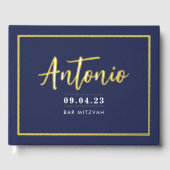 BAR MITZVAH modern faux gold name kalligraphy navy Gastenboek (Voorkant)