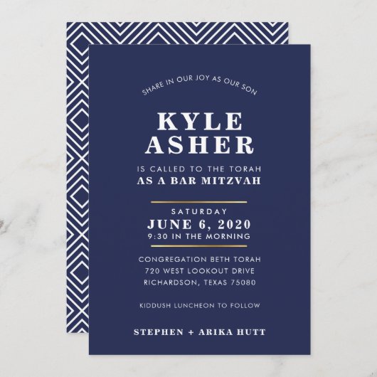 Bar Mitzvah modern gewoon marineblauw wit Kaart (Voorkant / Achterkant)