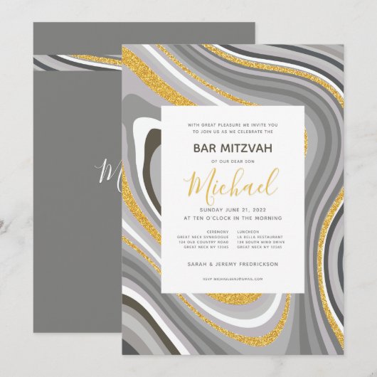 Bar Mitzvah Modern Glitter Agate Uitnodiging (Voorkant / Achterkant)