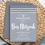 Bar Mitzvah Modern Gray Silver Tallit Simple Bold Kaart<br><div class="desc">Wees trots, blij en toon deze mijlpaal van je favoriete Bar Mitzvah! Verstuur deze coole, unieke, moderne, gepersonaliseerde uitnodiging voor een evenement om het te herinneren. Vet, wit script typografie, Ster van David en een zacht grijs en zilver glitter gestript, geïnspireerd grafisch bedekken een eenvoudige, lichtere zachte grijze achtergrond. Personaliseer...</div>