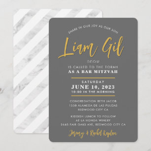 BAR MITZVAH modern kalligrafie grijs faux goud Kaart