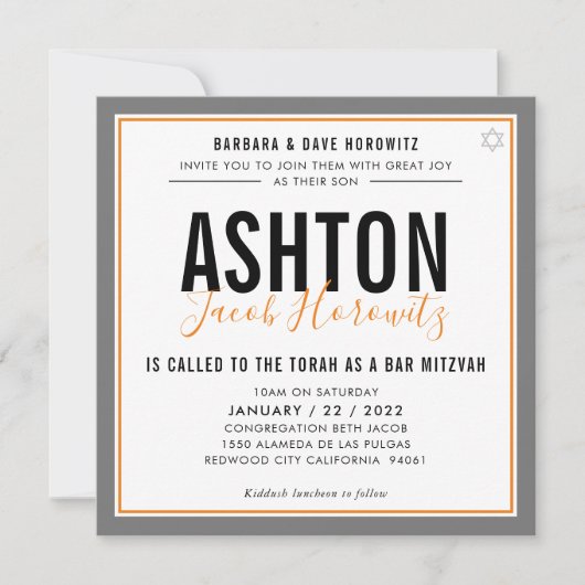 BAR MITZVAH modern mannelijk oranje grijs sport Kaart (Voorkant)