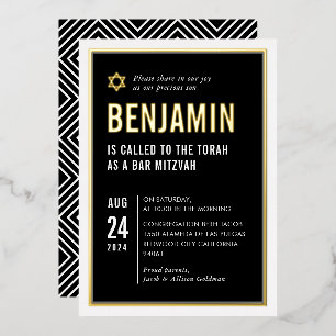BAR MITZVAH modern minimaal geometrisch zwart wit Folie Uitnodiging